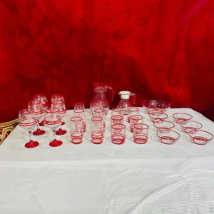 Elegant Red Rim Glassware Set – Stylish Glasses, Jugs & Bowls